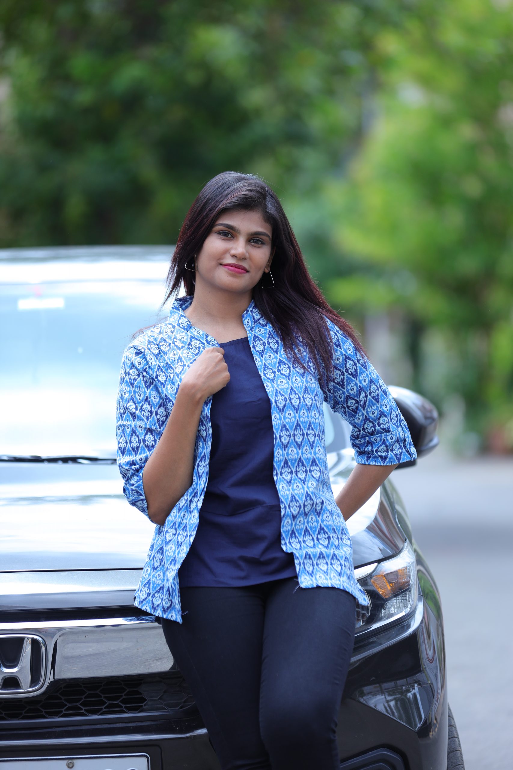 Blue and white jacket tops